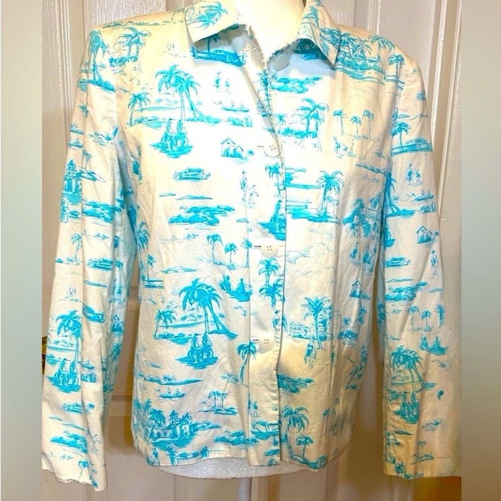 Talbots Jacket White Light Blue Tropical Pattern Lightweight Size 8